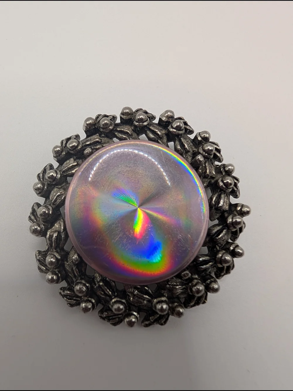 Vintage 1960s JEWELARAMA Pink Holographic Diffraction Wreath Brooch MCM Signed